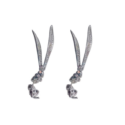 Long Ear Bunny Long Back Hanging S925 Silver Needle Crystal Earrings Earrings-Jewearrings