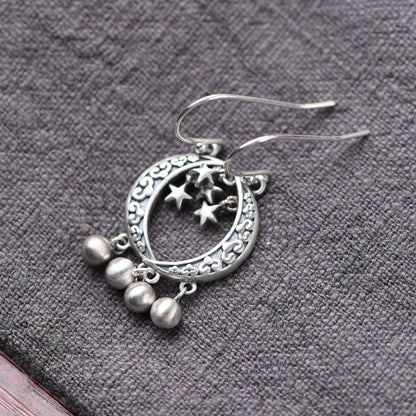 S925 Silver Retro Fashion Artistic Temperament Silver Bead Fringe Earrings Star Crescent Pendant-Jewearrings