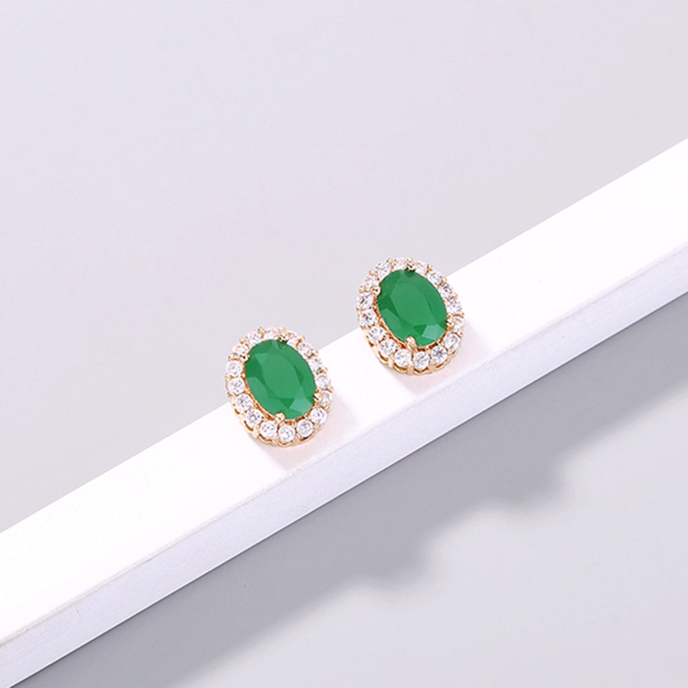 Miniature gold-inlaid Zircon Emeralds Oval Stud earrings with Ruby earrings-Jewearrings