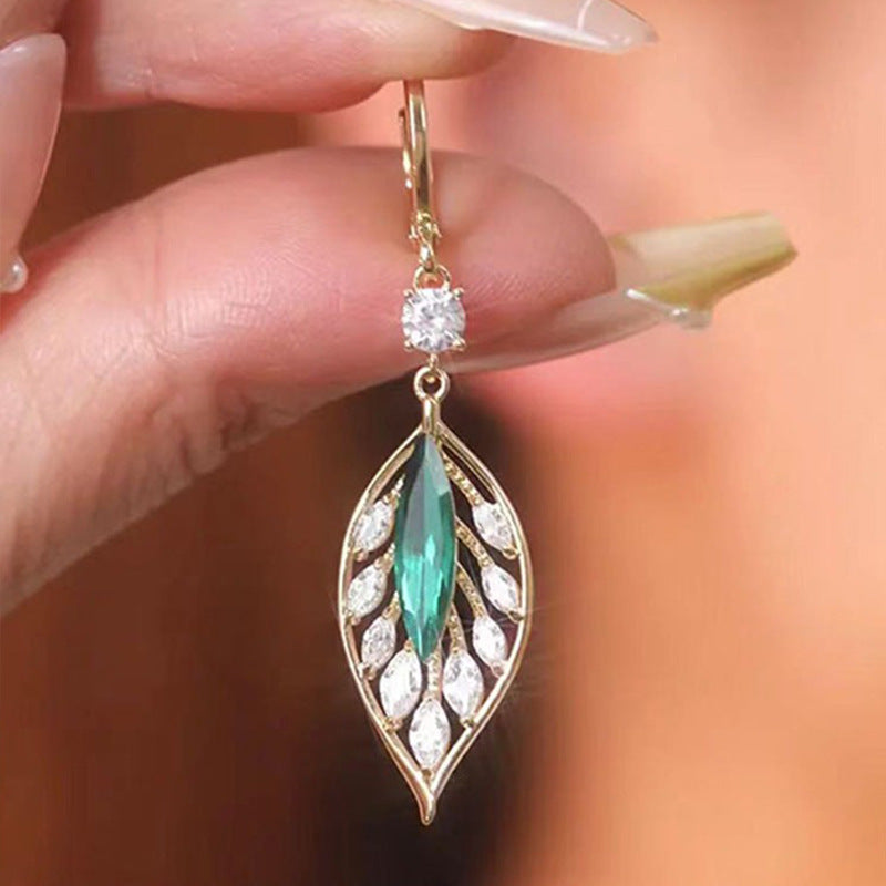 Shining Zircon Green Leaves Ear Clip Trendy Elegant Earrings-Jewearrings