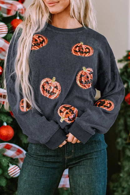 Sequin Patch Pumpkin Round Neck Sweatshirt-Jewearrings