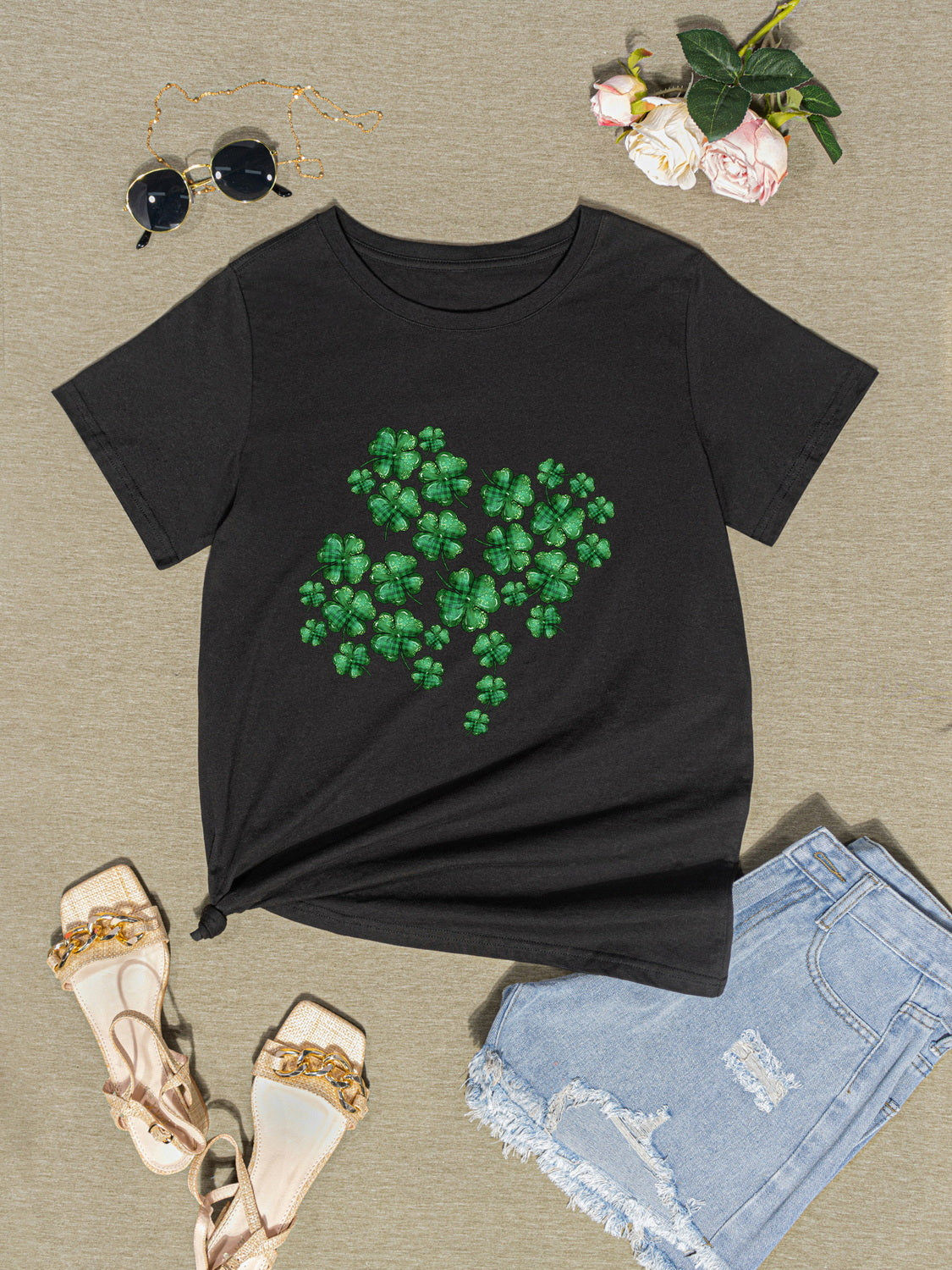 Lucky Clover Round Neck T-Shirt-Jewearrings