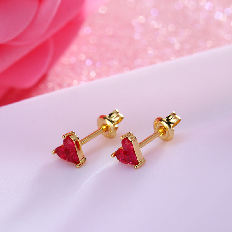 Women's Sterling Silver Gold Plated Red Corundum Stitching Heart Stud Earrings-Jewearrings