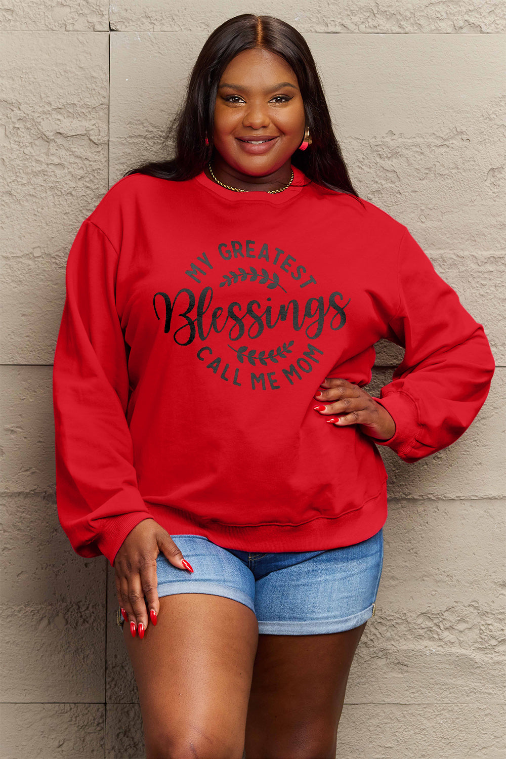 Simply Love Full Size MY GREATEST BLESSINGS CALL ME MOM Round Neck Sweatshirt-Jewearrings