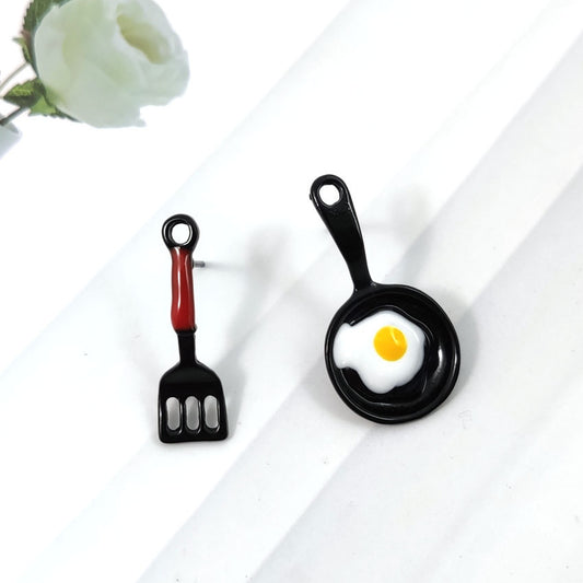 Personality Asymmetric Small Spatula Fried Egg Stud Earrings-Jewearrings