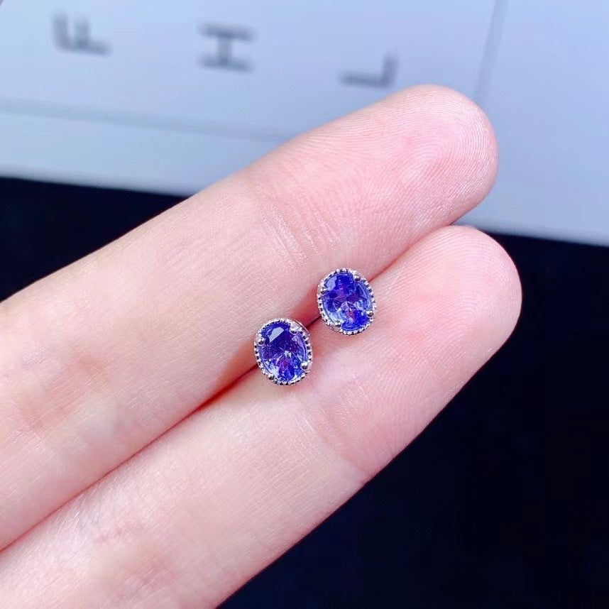 Colored Gems Jewelry 925 Silver Inlaid Natural Tanzanite Stud Earrings Main Stone 4 5mm Simple And Elegant-Jewearrings