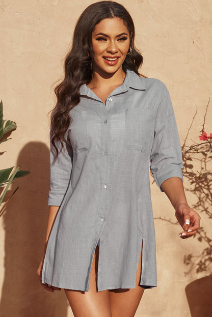 Button-Up Longline Shirt with Breast Pockets-Jewearrings