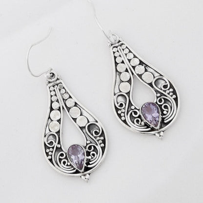 Women's Fashion Silver Carved Purple Gemstone Earrings-Jewearrings