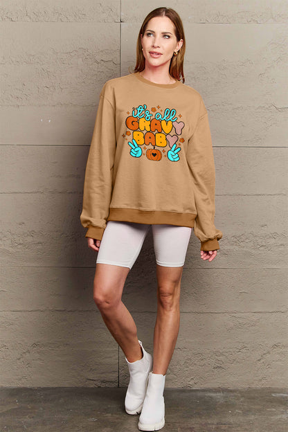 Simply Love Full Size IT'S ALL GRAVY BABY Long Sleeve Sweatshirt-Jewearrings