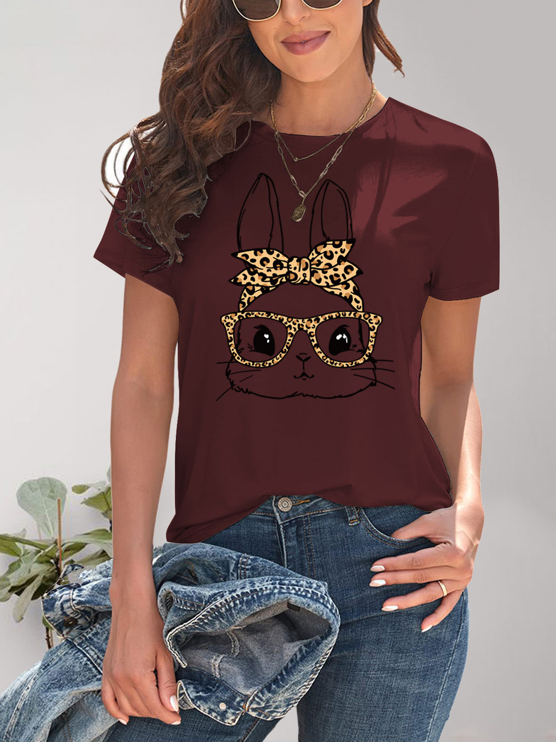 Rabbit Graphic Round Neck Short Sleeve T-Shirt-Jewearrings