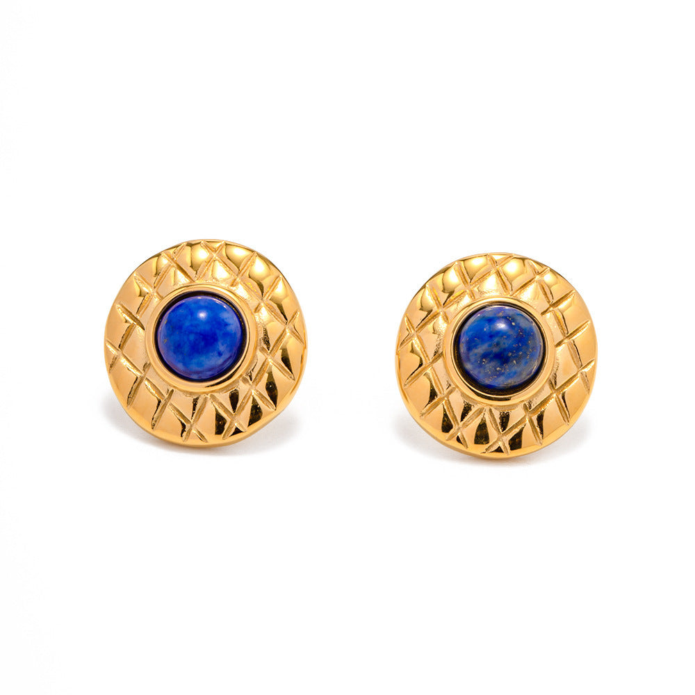 Retro Antique Style Personalized Minority 18K Stainless Steel Inlaid Lapis Lazuli Pearl Earrings-Jewearrings