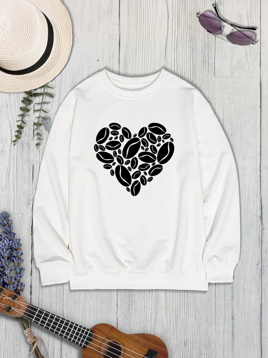 Heart Round Neck Dropped Shoulder Sweatshirt-Jewearrings