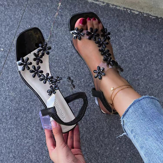 Flower Open Toe Block Heel Sandals-Jewearrings