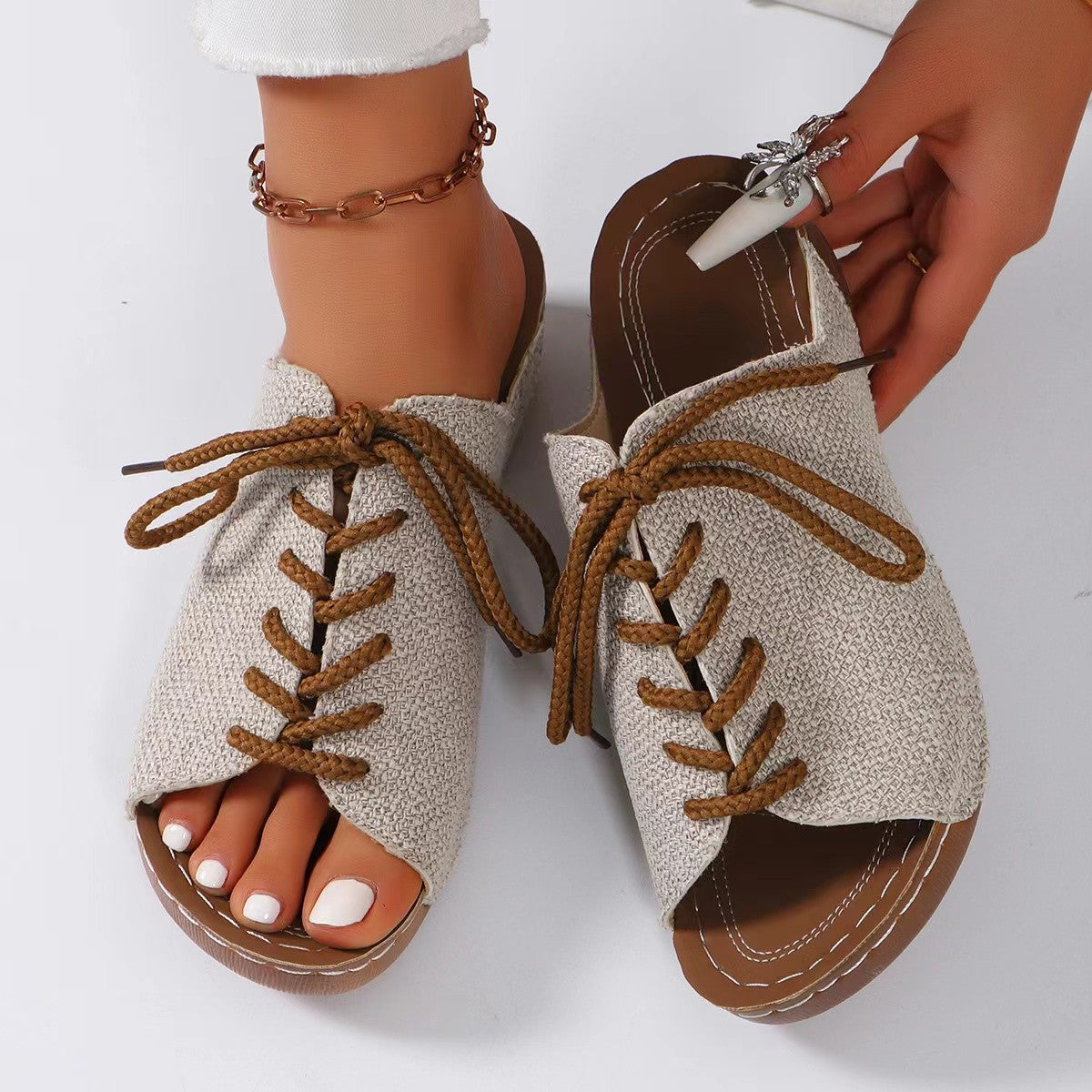 Lace-Up Open Toe Wedge Sandals-Jewearrings