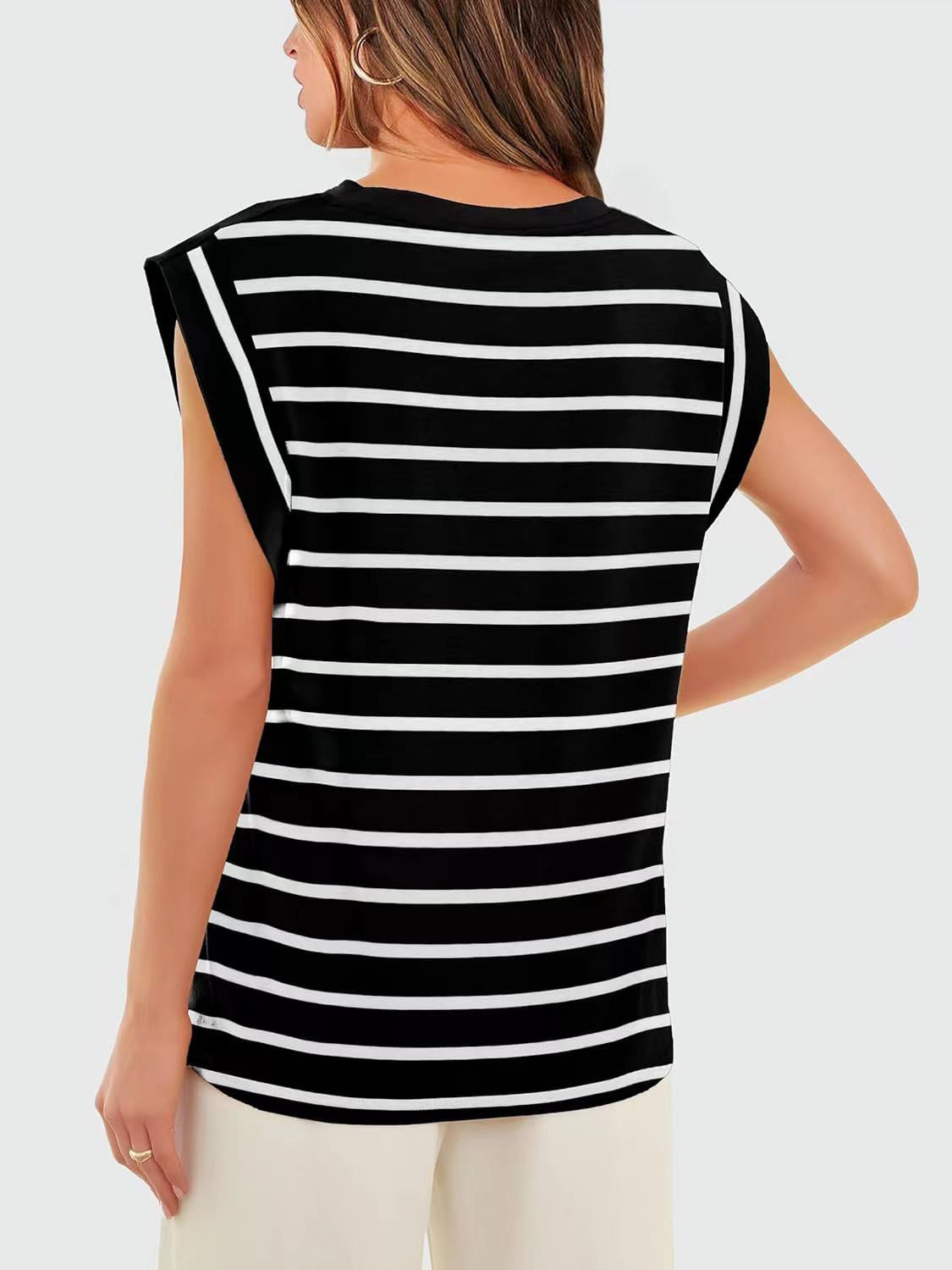 Striped Round Neck Cap Sleeve T-Shirt-Jewearrings