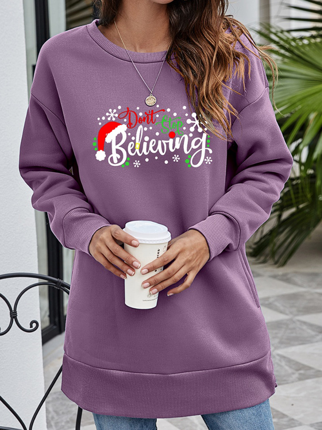 DON'T STOP BELIEVING Graphic Drop Shoulder Sweatshirt-Jewearrings