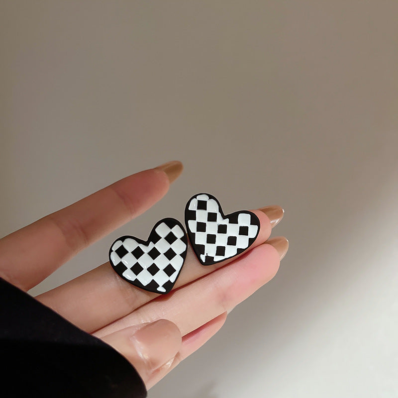 Silver Needle Geometry Drop Oil Checkered Love Stud Earrings Temperament-Jewearrings