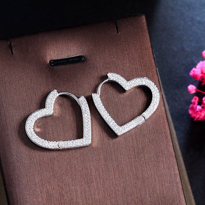 Zircon Inset Love Earrings Geometric Heart Brass Gold Plated Ear Ring Ear Accessories-Jewearrings