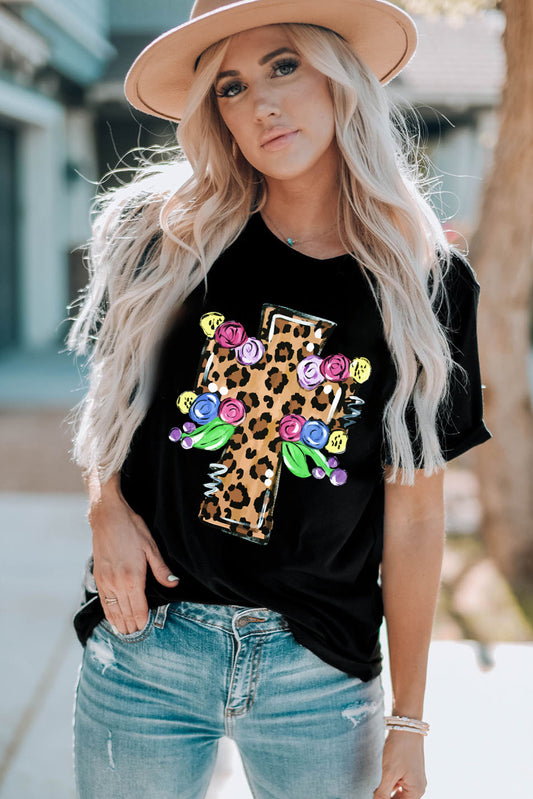 Leopard Cross Graphic Round Neck Short Sleeve T-Shirt-Jewearrings