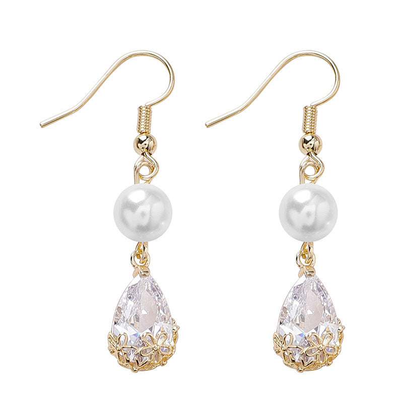 Simple Retro Cropped Pearl Zircon Drop Earrings-Jewearrings