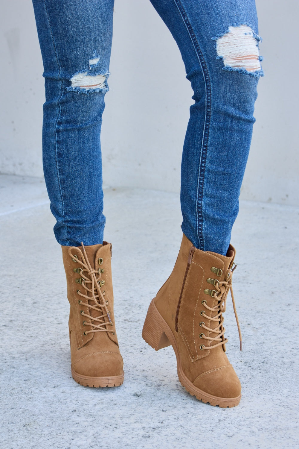 Forever Link Lace-Up Zipper Detail Block Heel Boots-Jewearrings