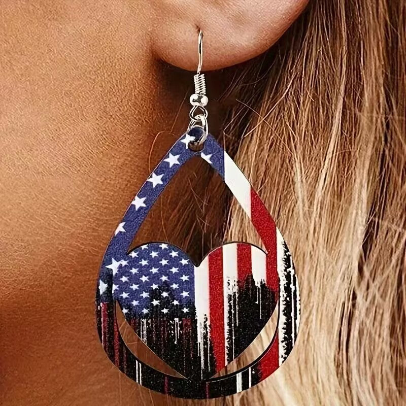 US Flag Pattern Wooden Earrings-Jewearrings