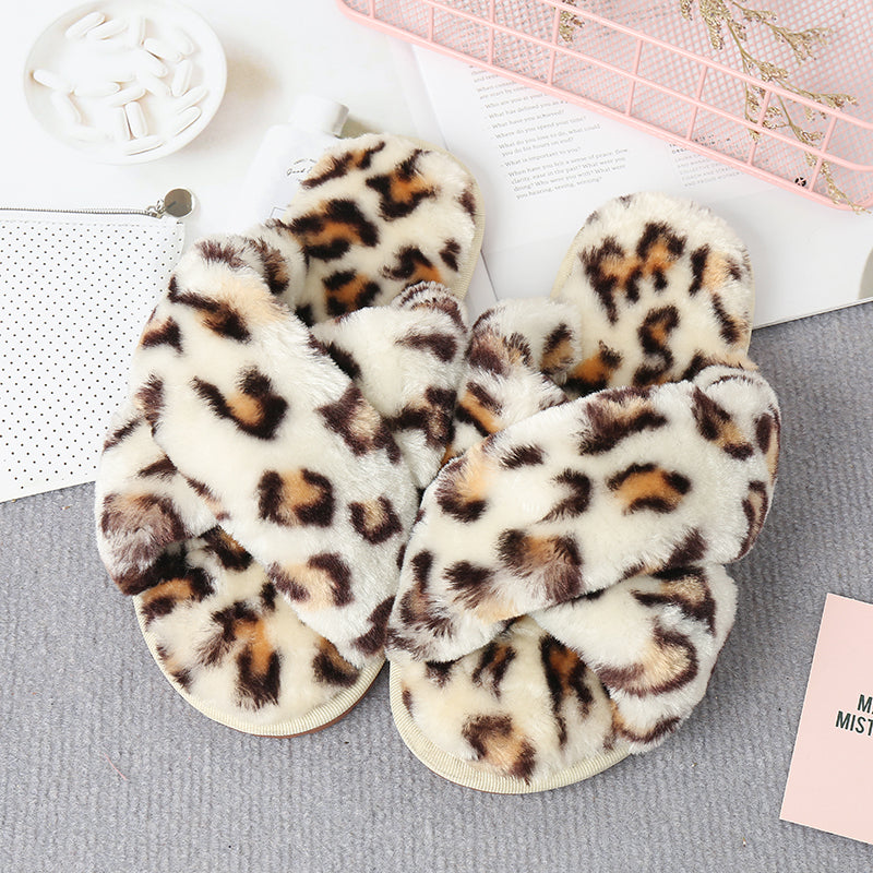 Faux Fur Crisscross Strap Slippers-Jewearrings