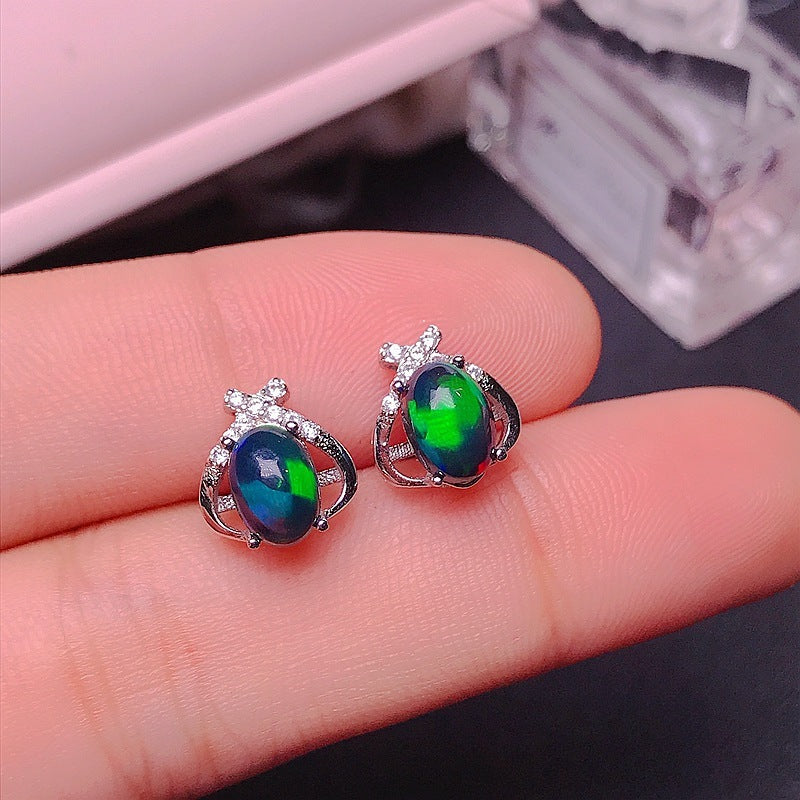 Stud Earrings Silver Inlaid Natural Black Opal-Jewearrings