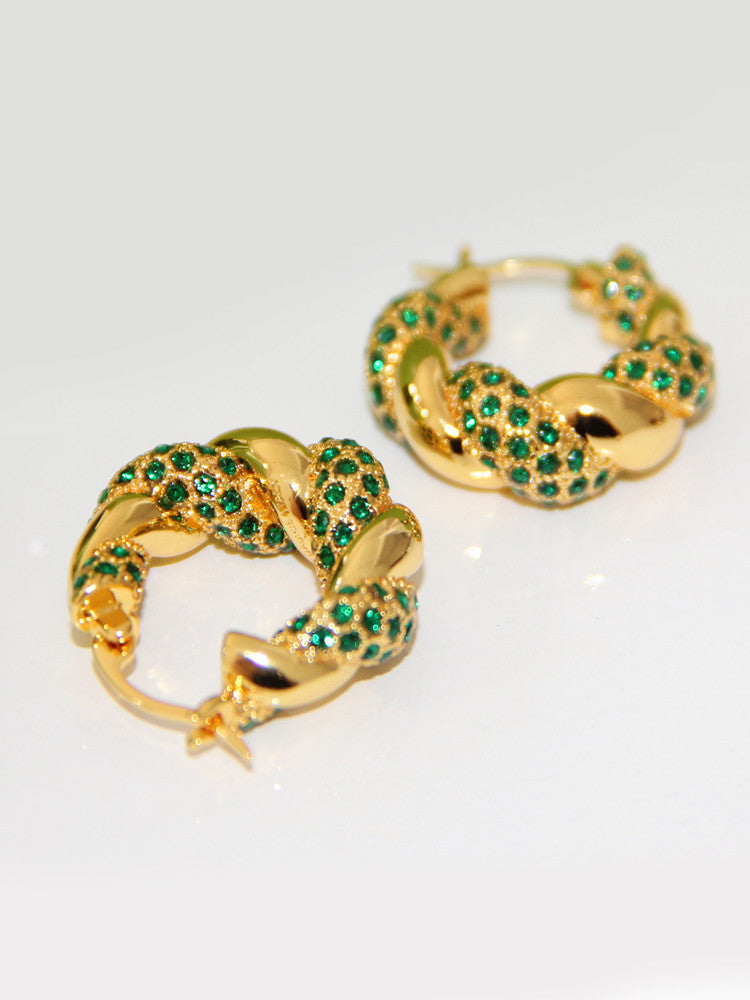 Twisted Twist Inlaid With Rhinestones And Gold-plated Green Circle Earrings-Jewearrings