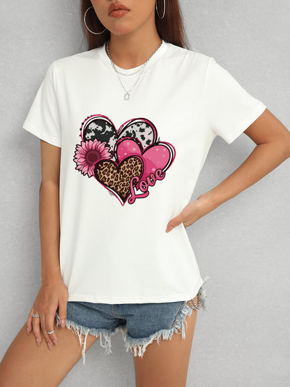 Heart Round Neck Short Sleeve T-Shirt-Jewearrings