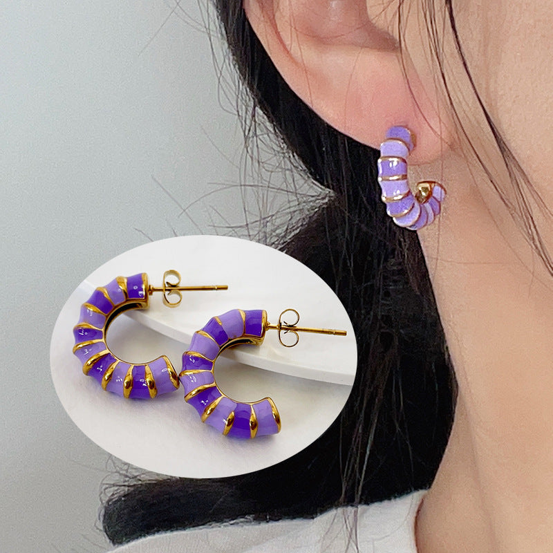 Enamel Drip Glazed Color C- Shaped Bamboo Stud Earrings-Jewearrings