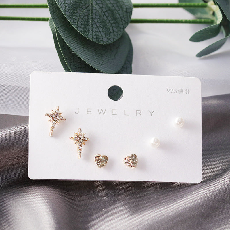 Diamond Gold Small Female Earrings Korean Student Trend Simple Three Pairs Set Earrings-Jewearrings