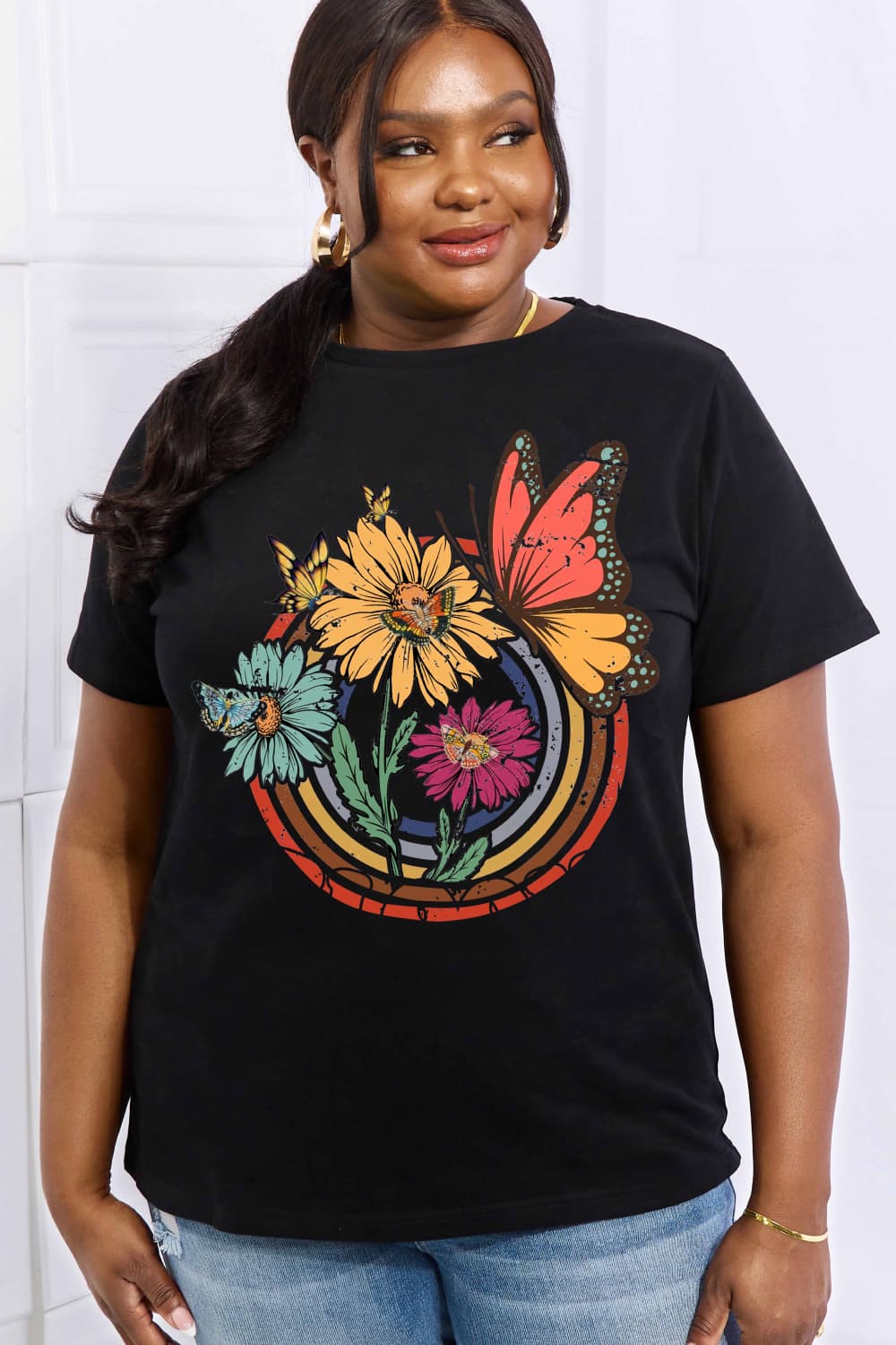 Simply Love Simply Love Full Size Flower & Butterfly Graphic Cotton Tee-Jewearrings