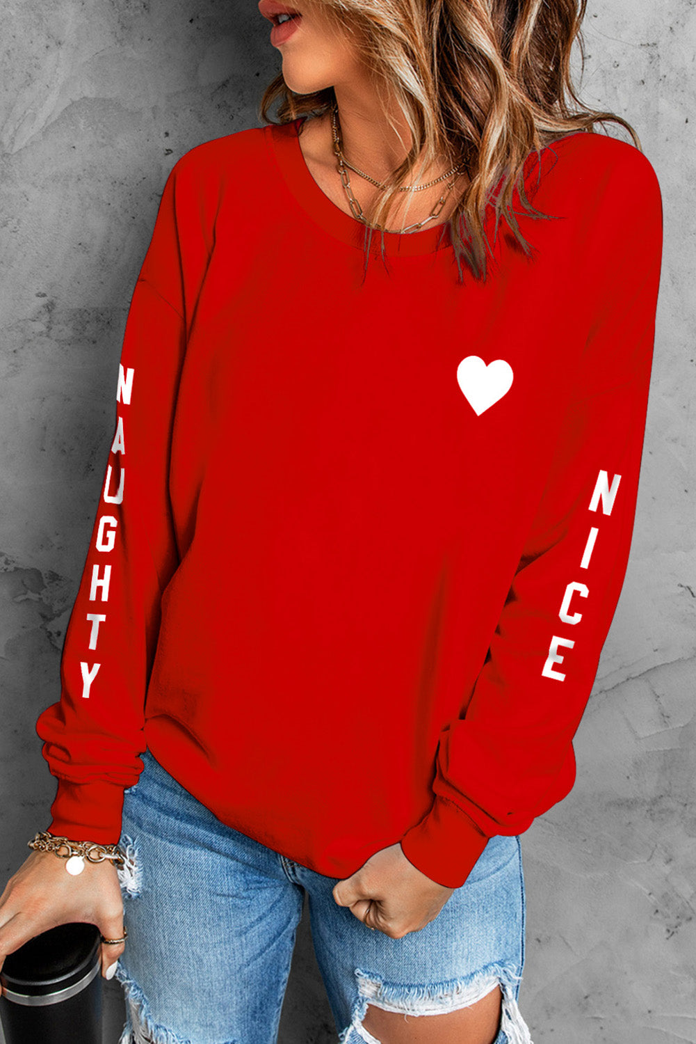 NAUGHTY NICE Heart Graphic Sweatshirt-Jewearrings