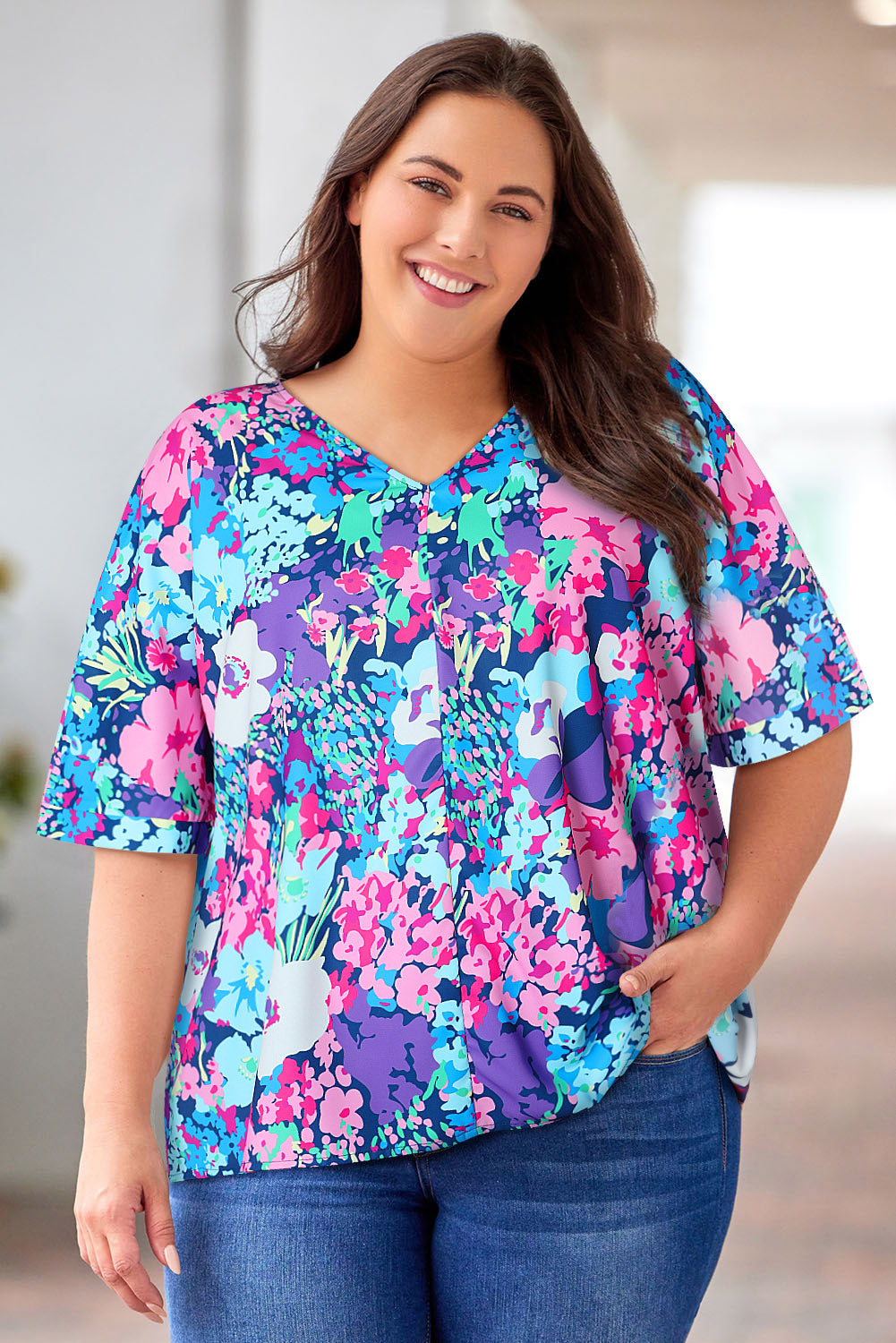 Floral Center Seam V-Neck Blouse-Jewearrings