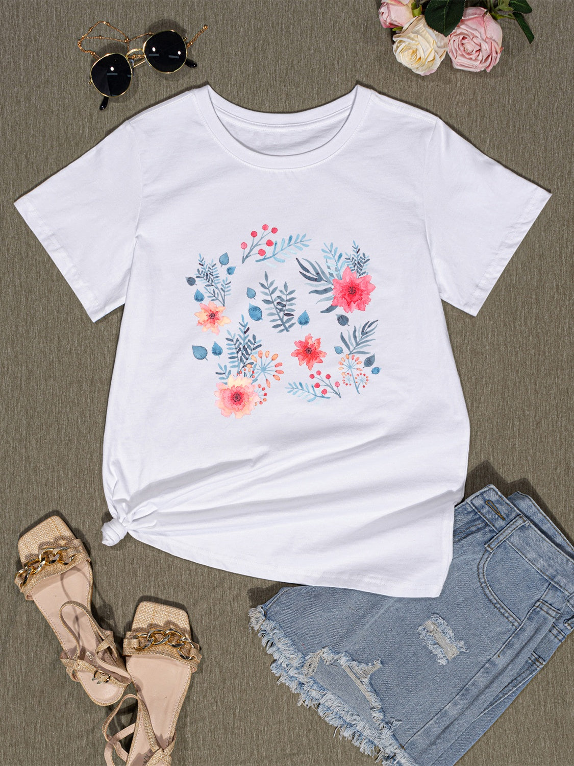 Flower Round Neck Short Sleeve T-Shirt-Jewearrings