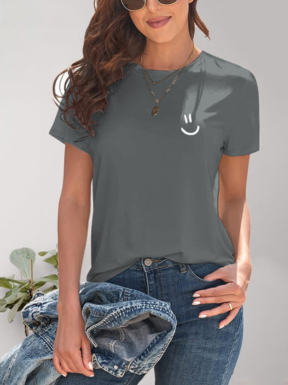 Smile Graphic Round Neck Short Sleeve T-Shirt-Jewearrings