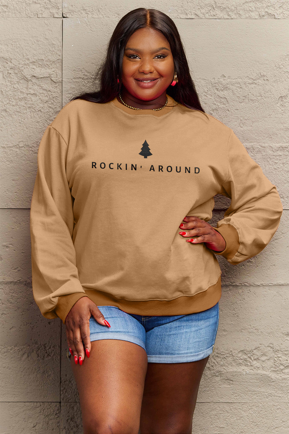 Simply Love Full Size ROCKIN AROUND Long Sleeve Sweatshirt-Jewearrings