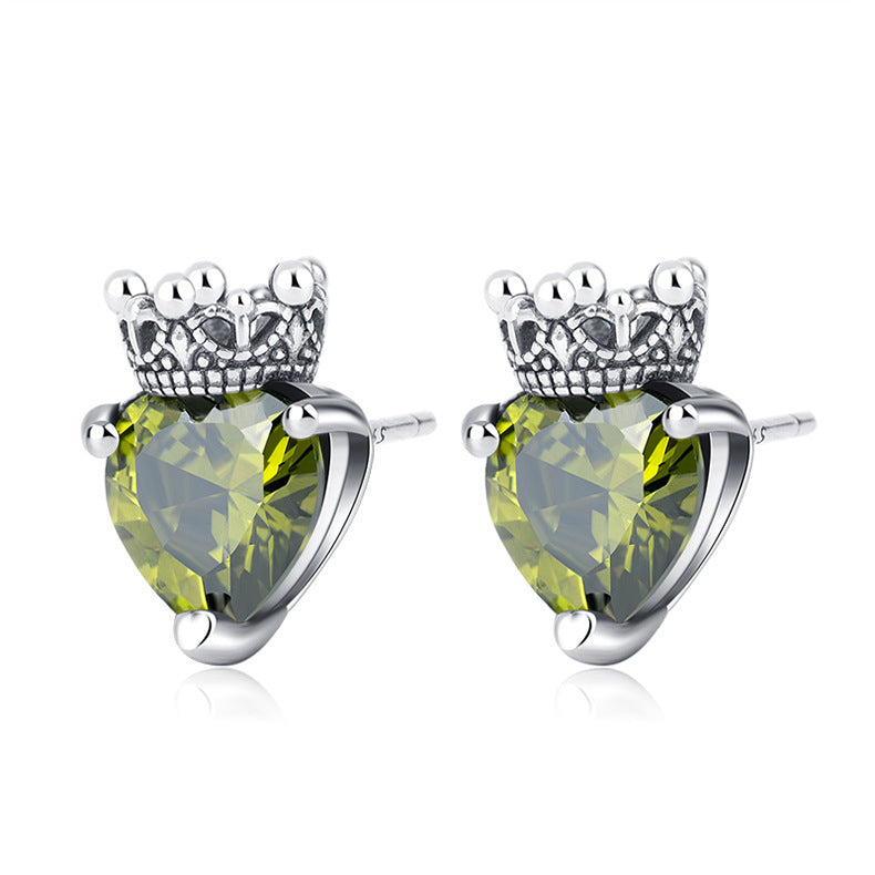 S925 Sterling Silver Minority Retro Simple Olive Green Zircon Crown Earrings-Jewearrings