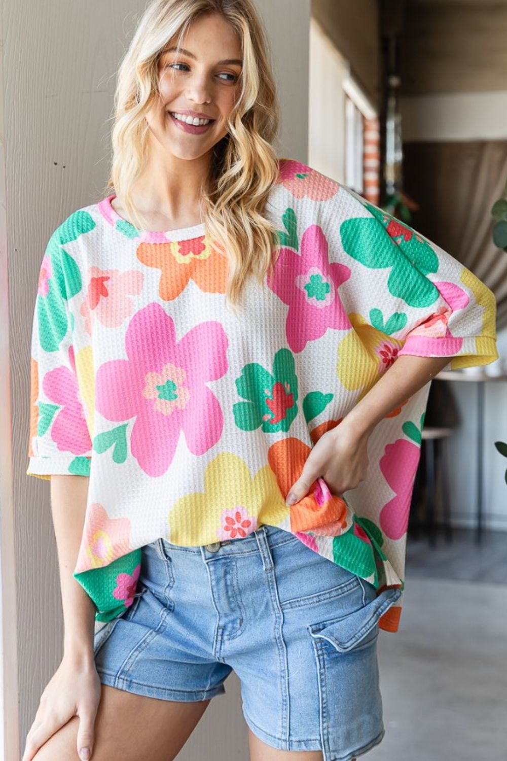 HOPELY Floral Waffle Oversize T-Shirt-Jewearrings