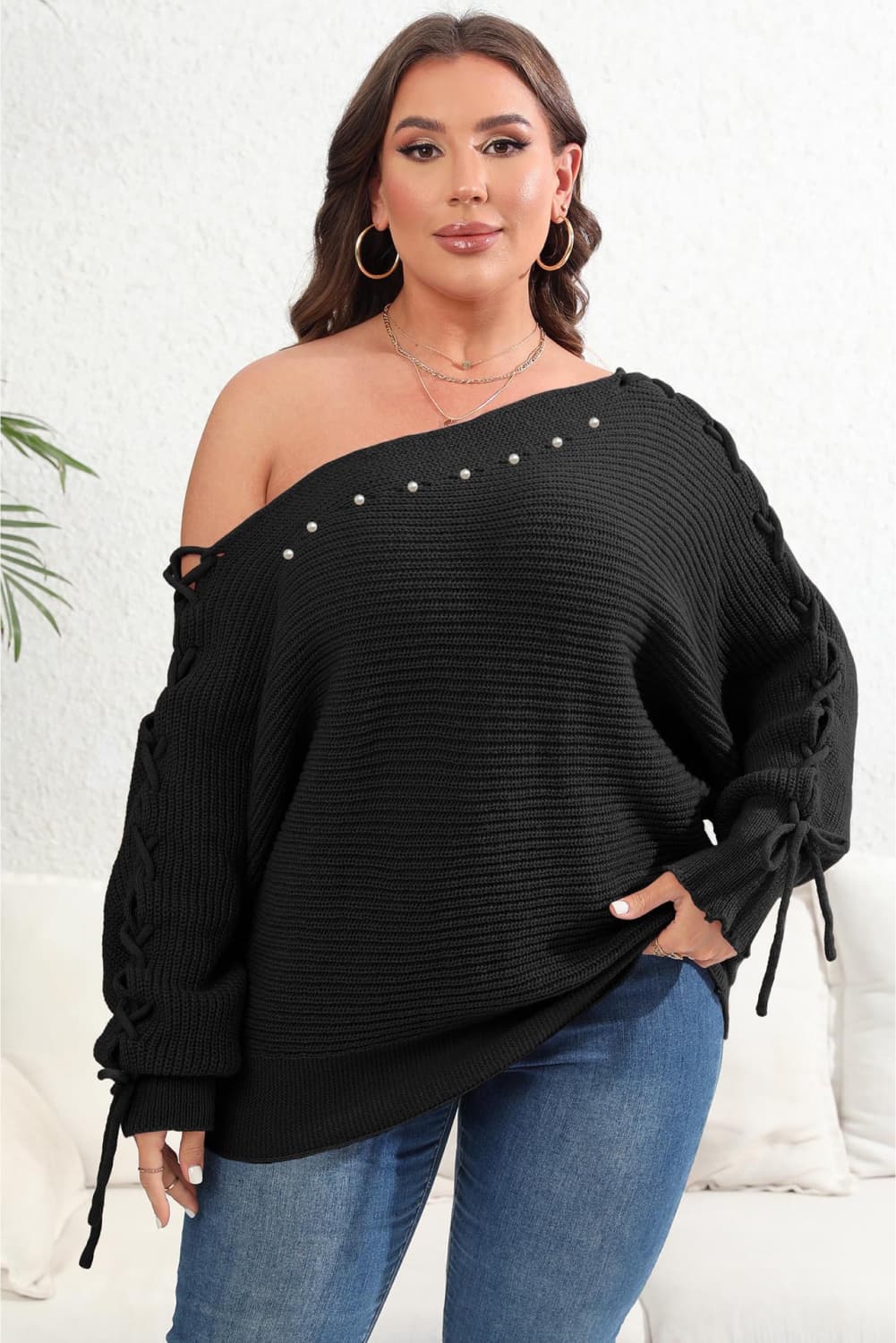 Plus Size One Shoulder Beaded Sweater-Jewearrings