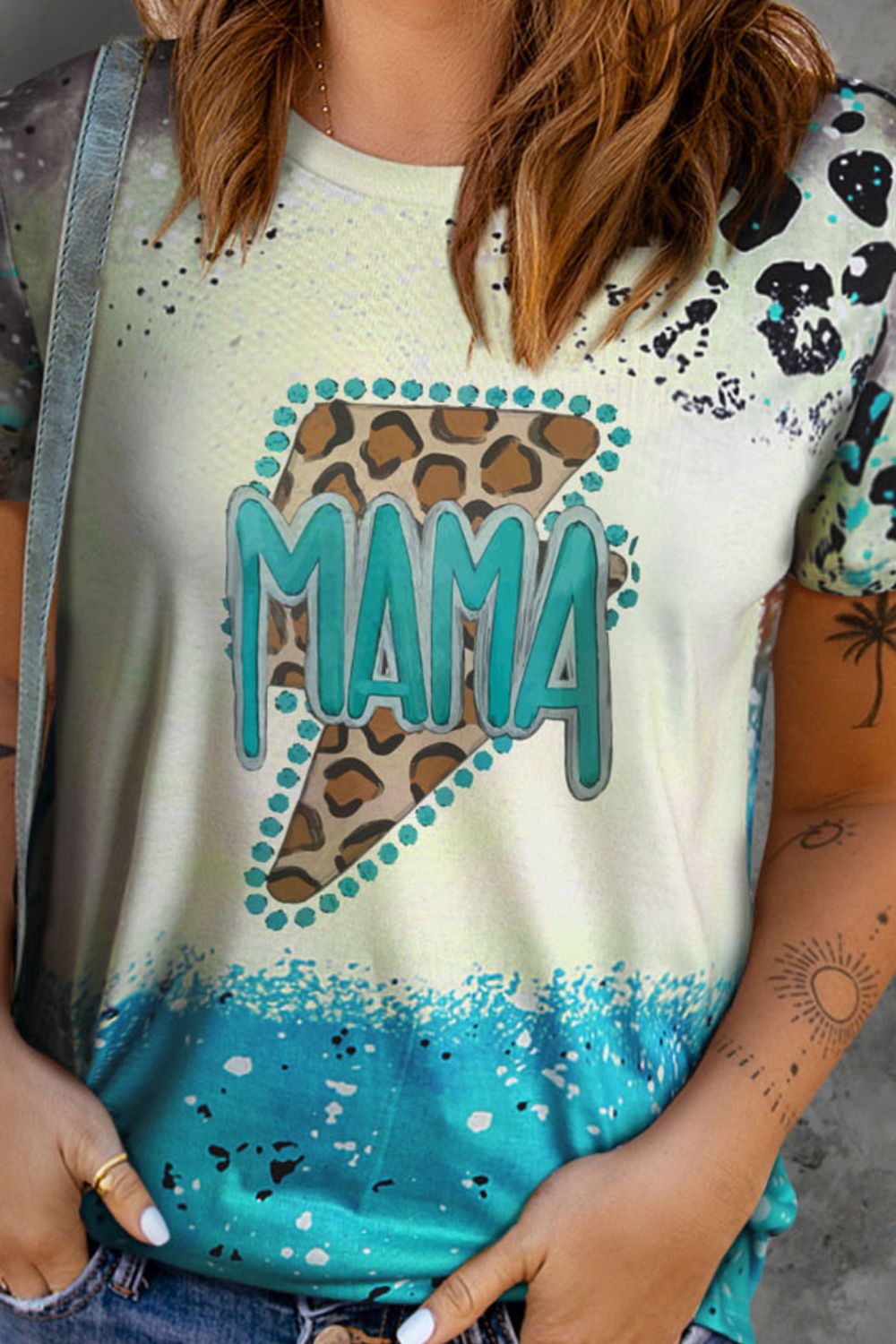 MAMA Lightning Graphic Leopard Round Neck Tee-Jewearrings