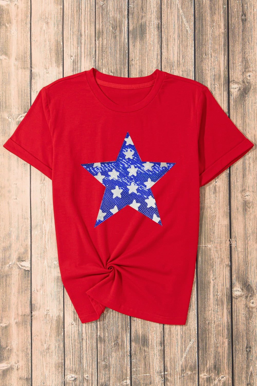 Sequin Star Round Neck Short Sleeve T-Shirt-Jewearrings