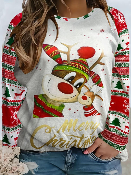 Plus Size Reindeer Graphic Round Neck Long Sleeve T-Shirt-Jewearrings