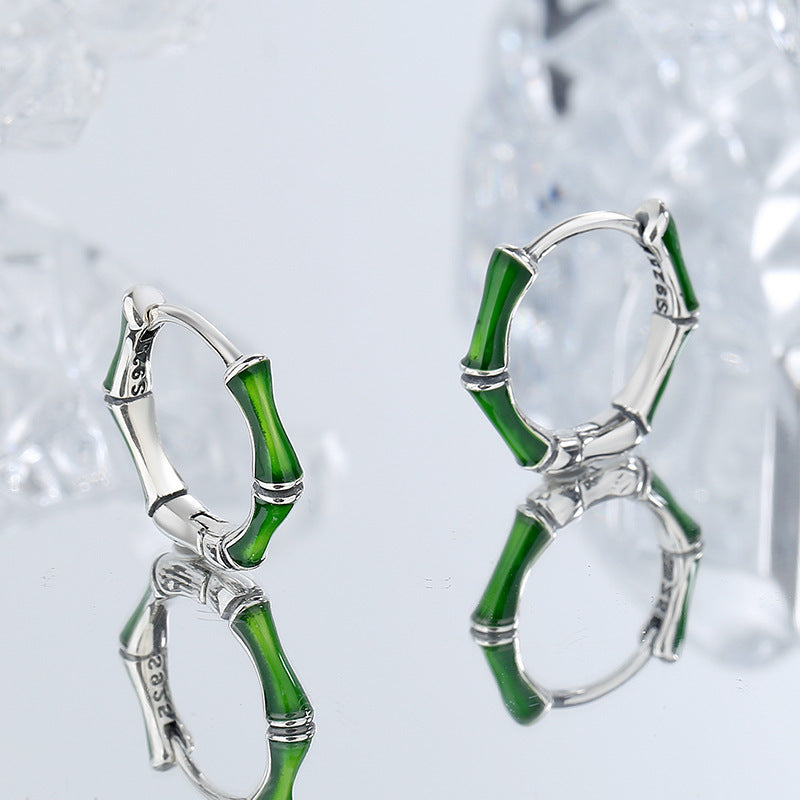 S925 Sterling Silver Niche Green Oil Dripping Bamboo Earrings-Jewearrings