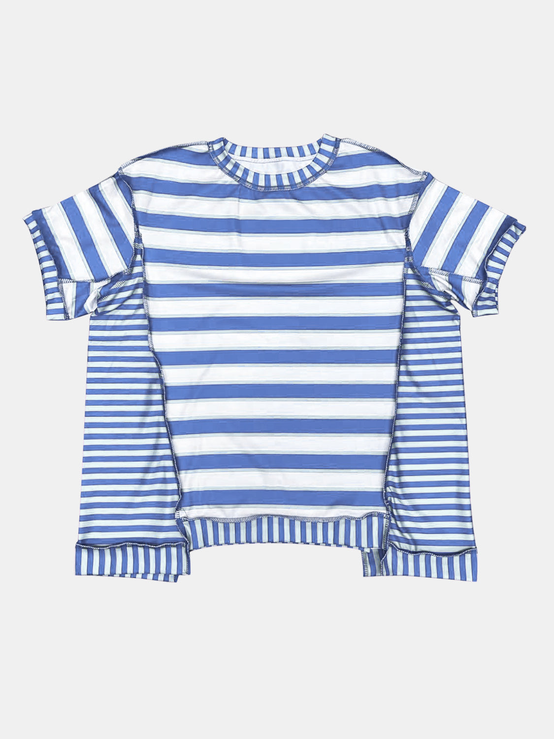 Full Size Contrast Stitching Striped Round Neck T-Shirt-Jewearrings