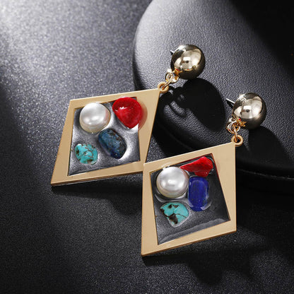 Trendy Creative Transparent Resin Inlaid Pearl Colored Stone Earrings-Jewearrings