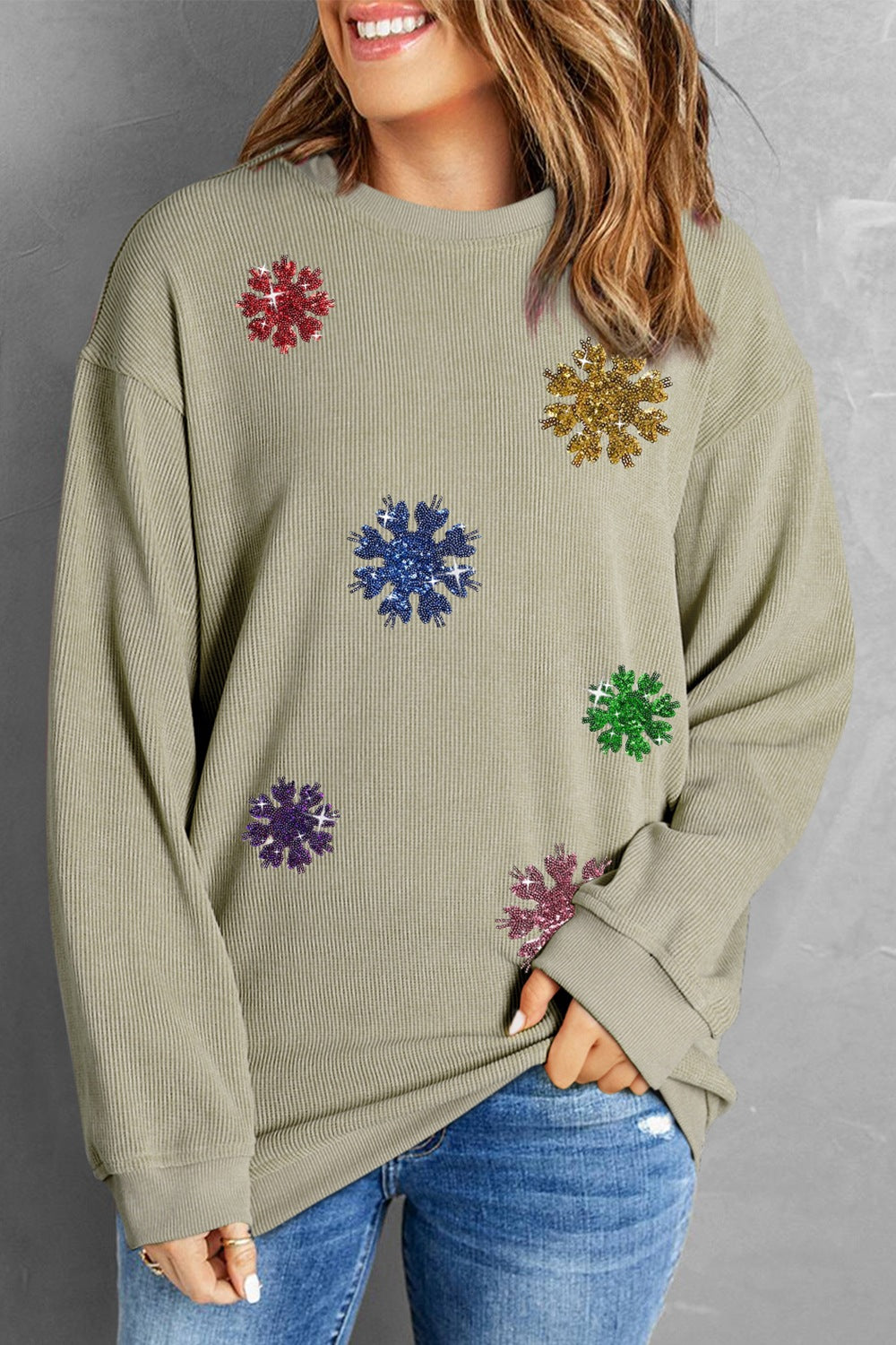 Sequin Snowflake Round Neck Sweatshirt-Jewearrings