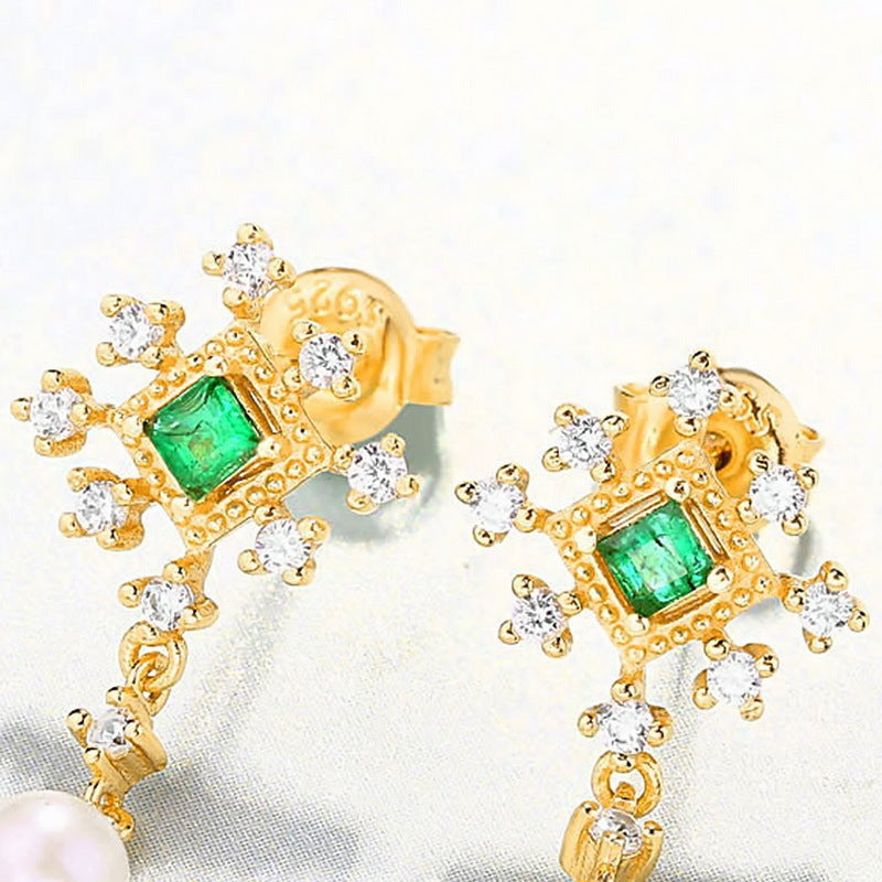 Light Luxury Niche Design Sterling Silver Pearl Earrings Emeralds-Jewearrings