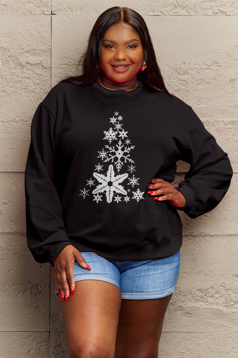 Simply Love Full Size Snowflake Christmas Tree Graphic Sweatshirt-Jewearrings